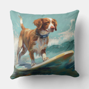 Brittany Spaniel Beach Surfing Painting Cushion