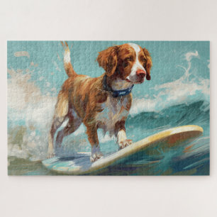 Brittany Spaniel Beach Surfing Painting  Jigsaw Puzzle