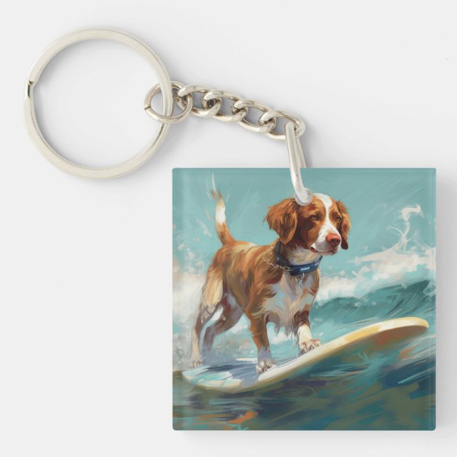 Brittany Spaniel Beach Surfing Painting  Key Ring (Front)