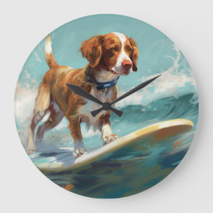 Brittany Spaniel Beach Surfing Painting  Large Clock