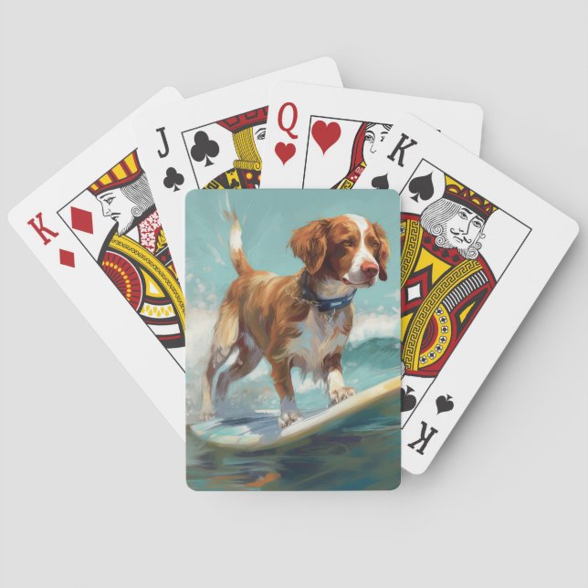 Brittany Spaniel Beach Surfing Painting  Playing Cards (Back)