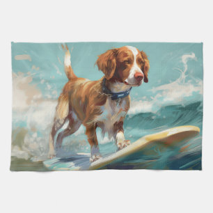 Brittany Spaniel Beach Surfing Painting Tea Towel