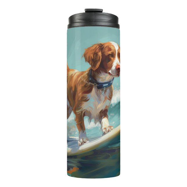 Brittany Spaniel Beach Surfing Painting  Thermal Tumbler (Front)
