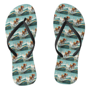 Brittany Spaniel Beach Surfing Painting Thongs