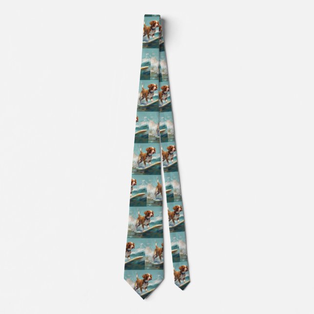 Brittany Spaniel Beach Surfing Painting  Tie (Front)