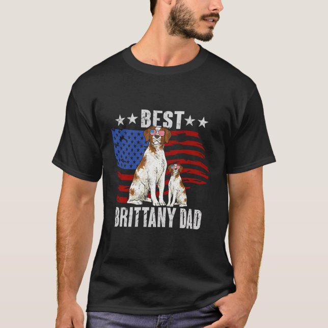 Brittany Spaniel Best Brittany Dad American Flag T-Shirt (Front)