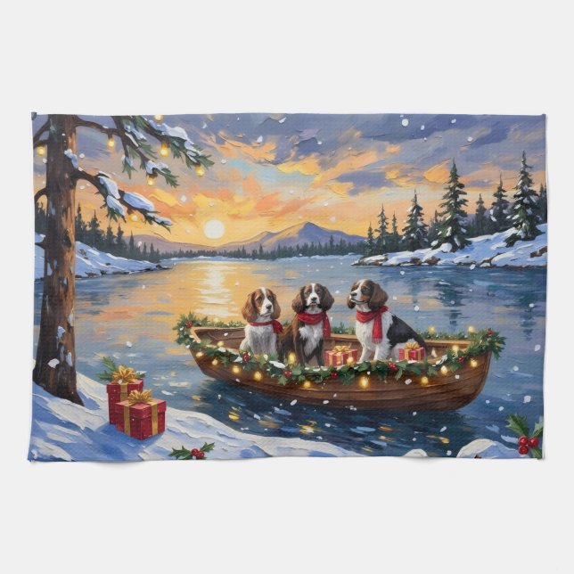 Brittany Spaniel Christmas Boat Holiday Tea Towel (Horizontal)
