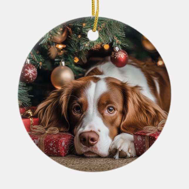Brittany Spaniel Christmas Ceramic Ornament (Front)