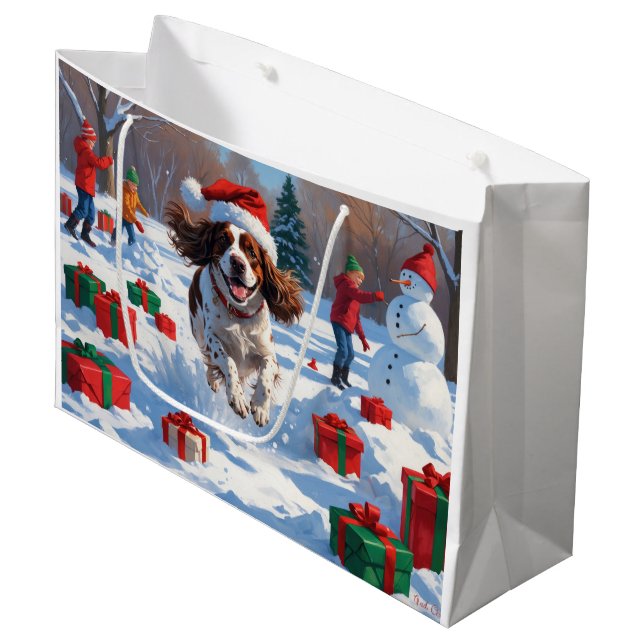 Brittany Spaniel Christmas Festive Snow Scene Large Gift Bag (Front Angled)