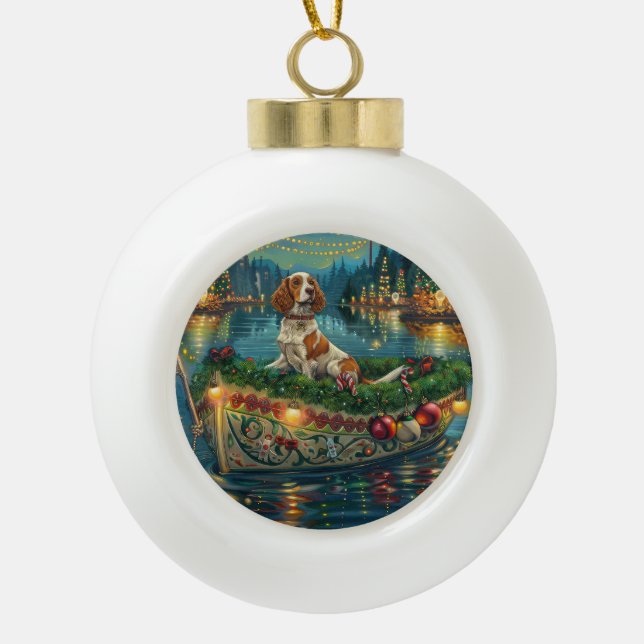 Brittany Spaniel Christmas Festive Voyage Ceramic Ball Christmas Ornament (Front)