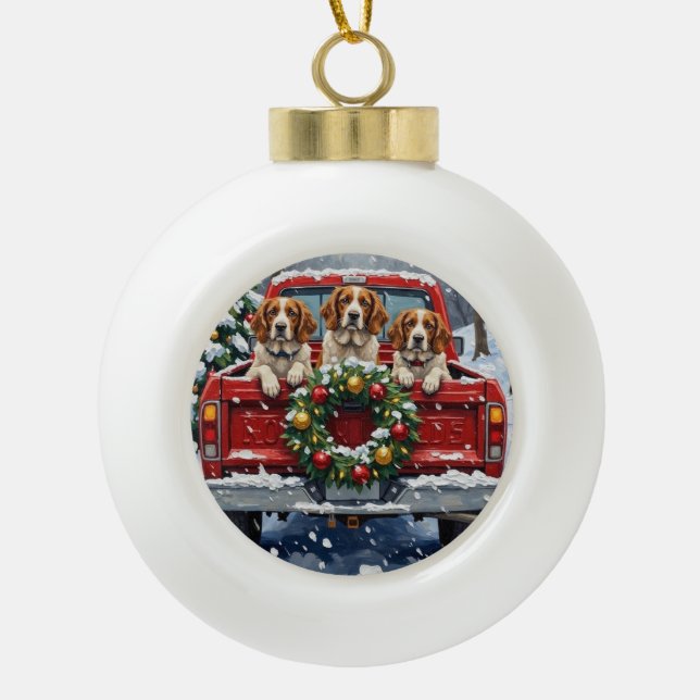 Brittany Spaniel Christmas Red Truck Holiday Ceramic Ball Christmas Ornament (Front)