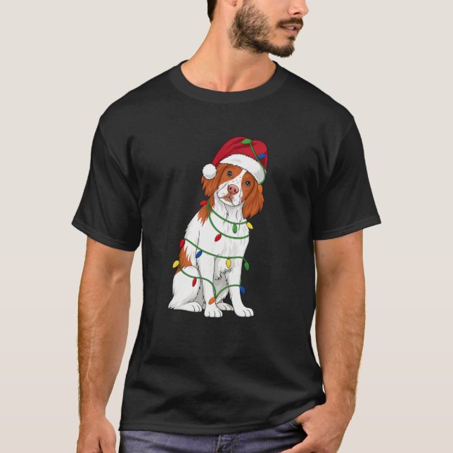 Brittany Spaniel Christmas Tree Lights Holiday Dog T-Shirt (Front)