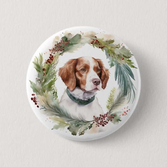 Brittany Spaniel Christmas Wreath Festive Pup 6 Cm Round Badge (Front)