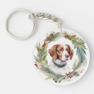 Brittany Spaniel Christmas Wreath Festive Pup Key Ring