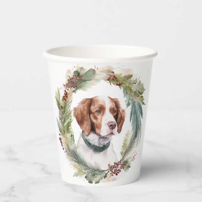 Brittany Spaniel Christmas Wreath Festive Pup Paper Cups (Front)