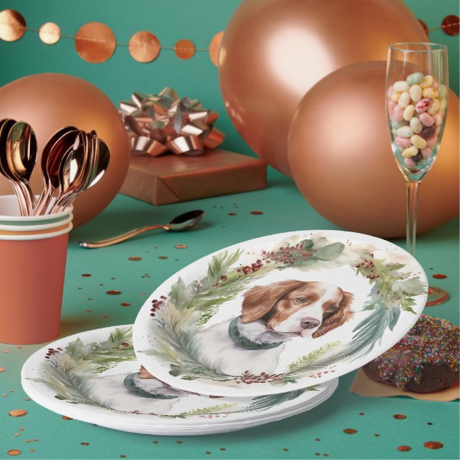 Brittany Spaniel Christmas Wreath Festive Pup Paper Plate (Multi)
