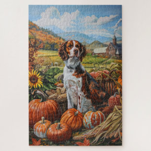 Brittany Spaniel Dog Autumn Harvest Thanksgiving Jigsaw Puzzle
