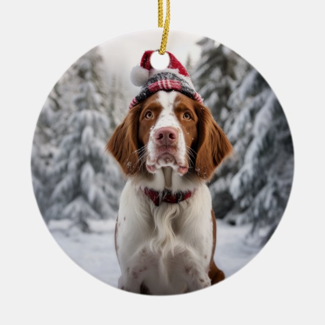 Brittany Spaniel Dog Christmas Keepsake Ceramic Ornament (Front)