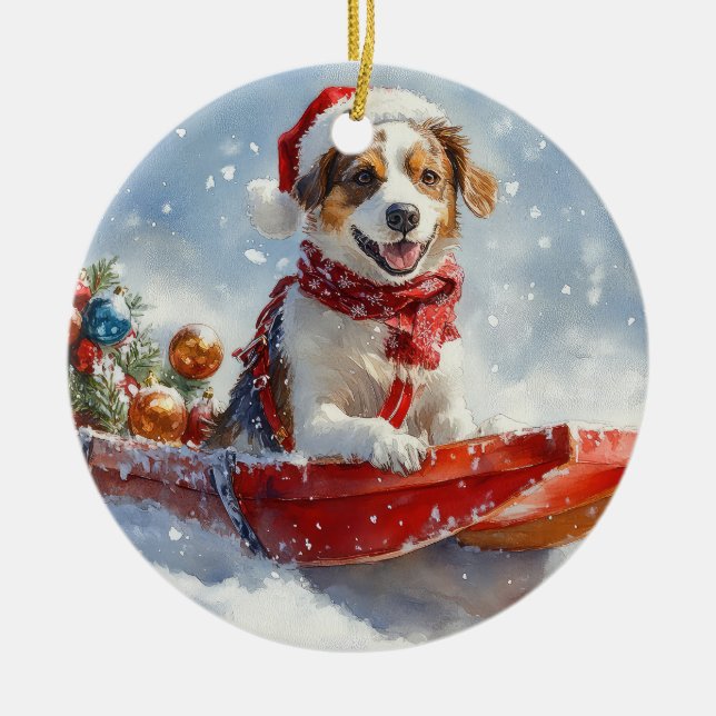Brittany Spaniel Dog in Sledge Christmas Ceramic Ornament (Front)