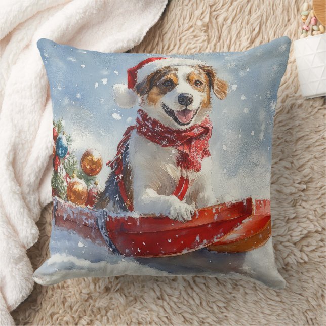 Brittany Spaniel Dog in Sledge Christmas Cushion (Blanket)