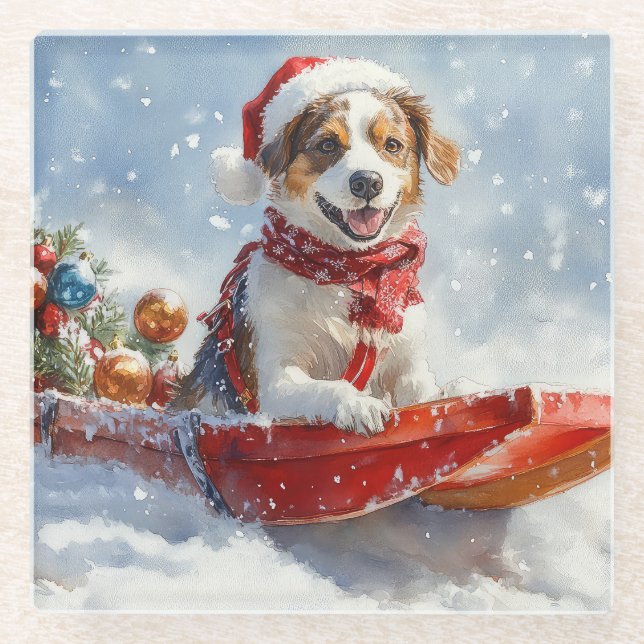 Brittany Spaniel Dog in Sledge Christmas Glass Coaster (Front)