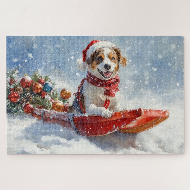 Brittany Spaniel Dog in Sledge Christmas Jigsaw Puzzle (Horizontal)