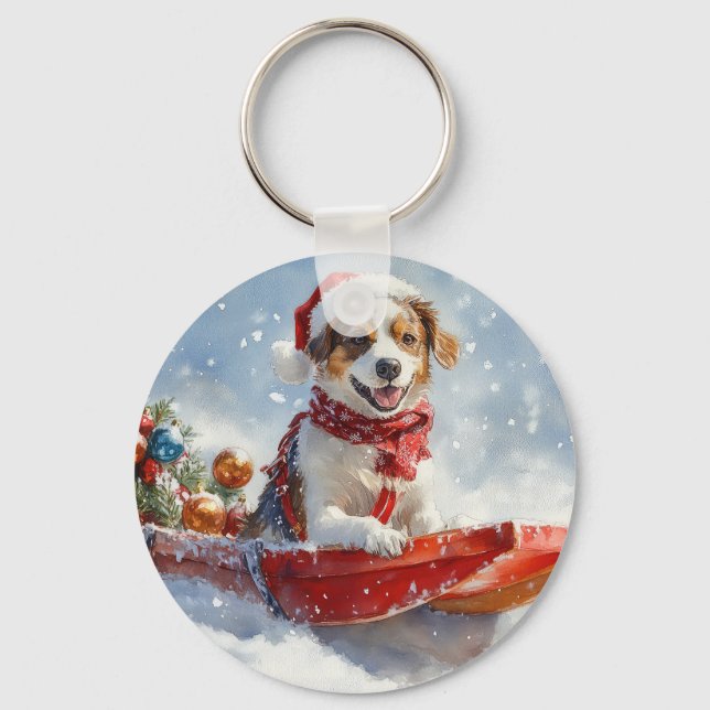 Brittany Spaniel Dog in Sledge Christmas Key Ring (Front)
