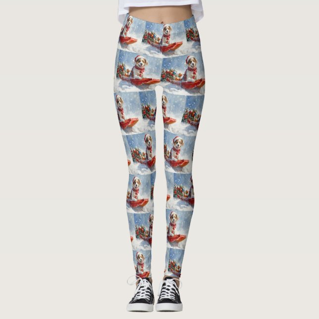 Brittany Spaniel Dog in Sledge Christmas Leggings (Front)