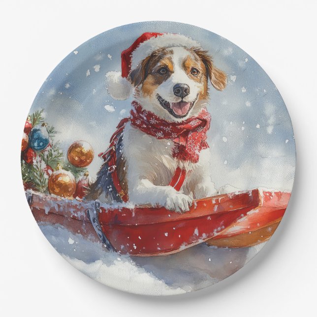 Brittany Spaniel Dog in Sledge Christmas Paper Plate (Front)