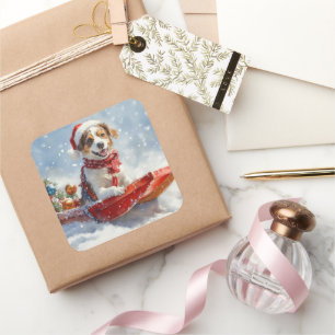 Brittany Spaniel Dog in Sledge Christmas Square Sticker