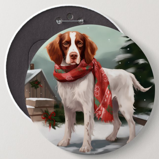 Brittany Spaniel Dog in Snow Christmas 6 Cm Round Badge (Front & Back)