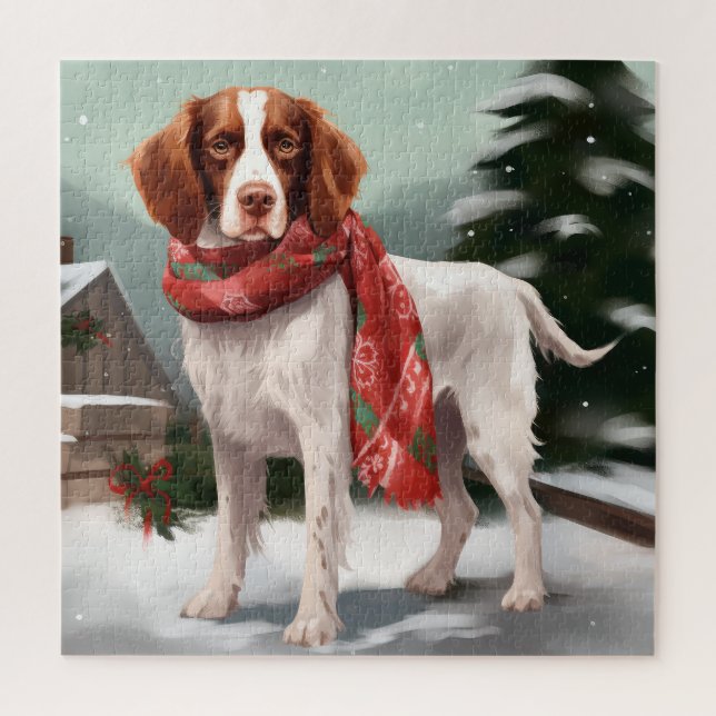 Brittany Spaniel Dog in Snow Christmas Jigsaw Puzzle (Vertical)