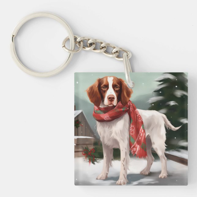 Brittany Spaniel Dog in Snow Christmas Key Ring (Front)