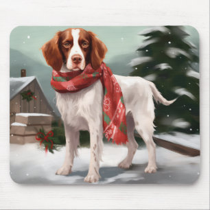 Brittany Spaniel Dog in Snow Christmas Mouse Pad