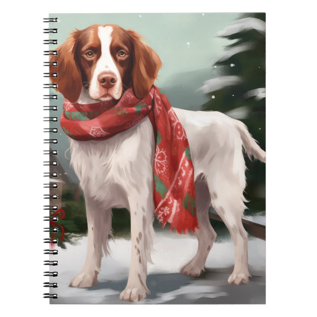 Brittany Spaniel Dog in Snow Christmas Notebook (Front)