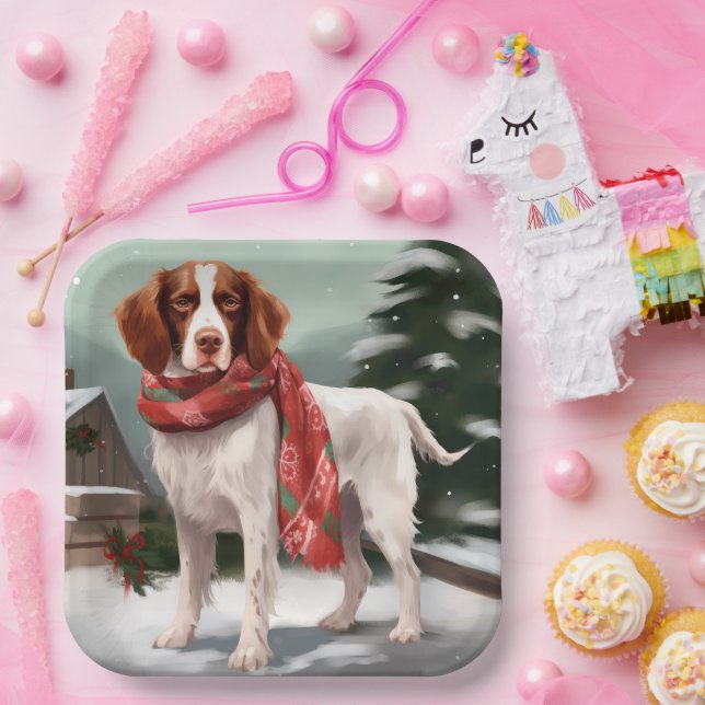 Brittany Spaniel Dog in Snow Christmas Paper Plate (Party)