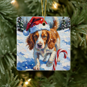 Brittany Spaniel Dog Pointing at Christmas Candy Ceramic Ornament