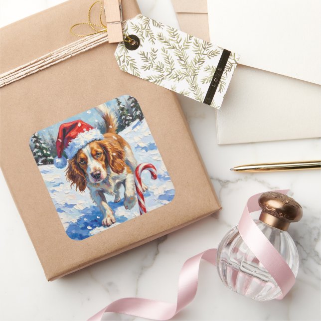 Brittany Spaniel Dog Pointing at Christmas Candy Square Sticker (Gifting)