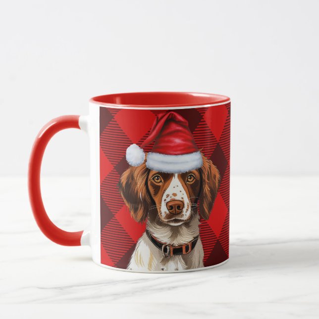 Brittany Spaniel Dog Red Buffalo Plaid Christmas Mug (Left)