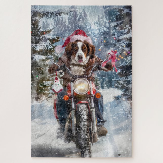 Brittany Spaniel Dog Riding Motorcycle Christmas Jigsaw Puzzle (Vertical)