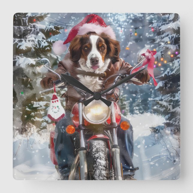 Brittany Spaniel Dog Riding Motorcycle Christmas Square Wall Clock (Front)