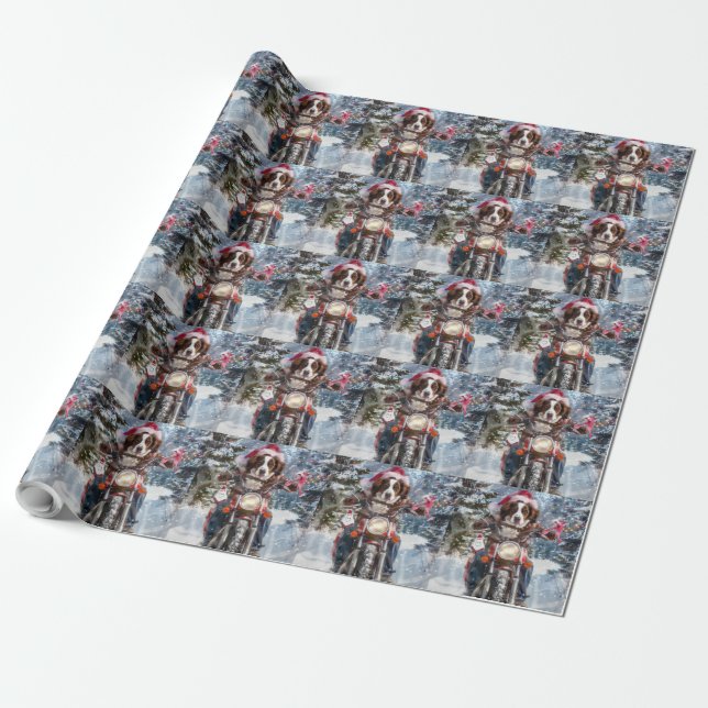 Brittany Spaniel Dog Riding Motorcycle Christmas Wrapping Paper (Unrolled)