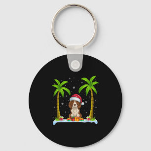 Brittany Spaniel Dog Santa Hat Palm Tree Beach Xma Key Ring