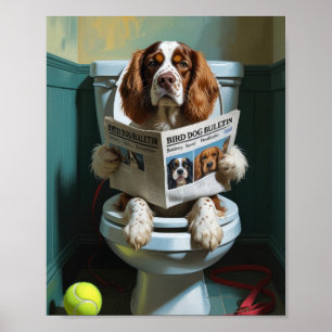 Brittany Spaniel Dog Sitting On Toilet Funny  Poster