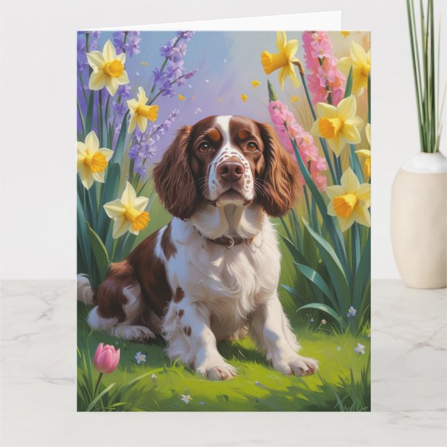 Brittany Spaniel Dog Spring Flowers Painting  Card (Front)