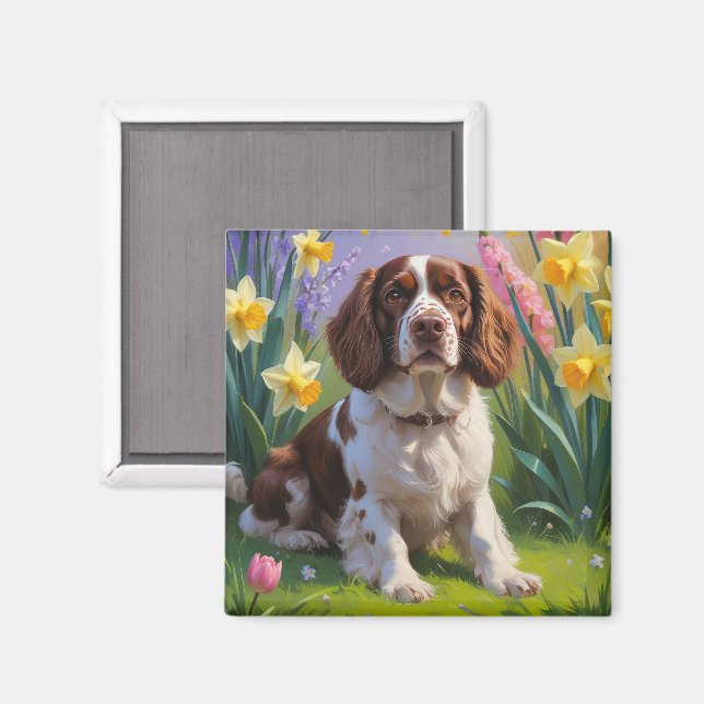 Brittany Spaniel Dog Spring Flowers Painting  Magnet (Front/Back)