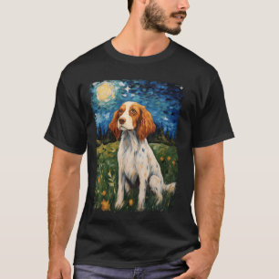 Brittany Spaniel Dog Starry Night Painting T-Shirt