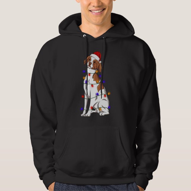 Brittany Spaniel Dog Wearing Christmas Hat Lights Hoodie (Front)