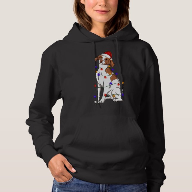 Brittany Spaniel Dog Wearing Christmas Hat Lights Hoodie (Front)