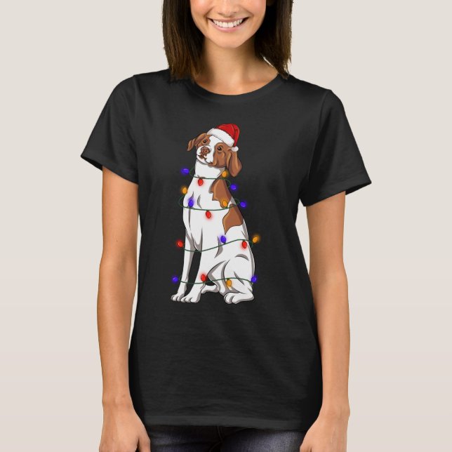 Brittany Spaniel Dog Wearing Christmas Hat Lights T-Shirt (Front)